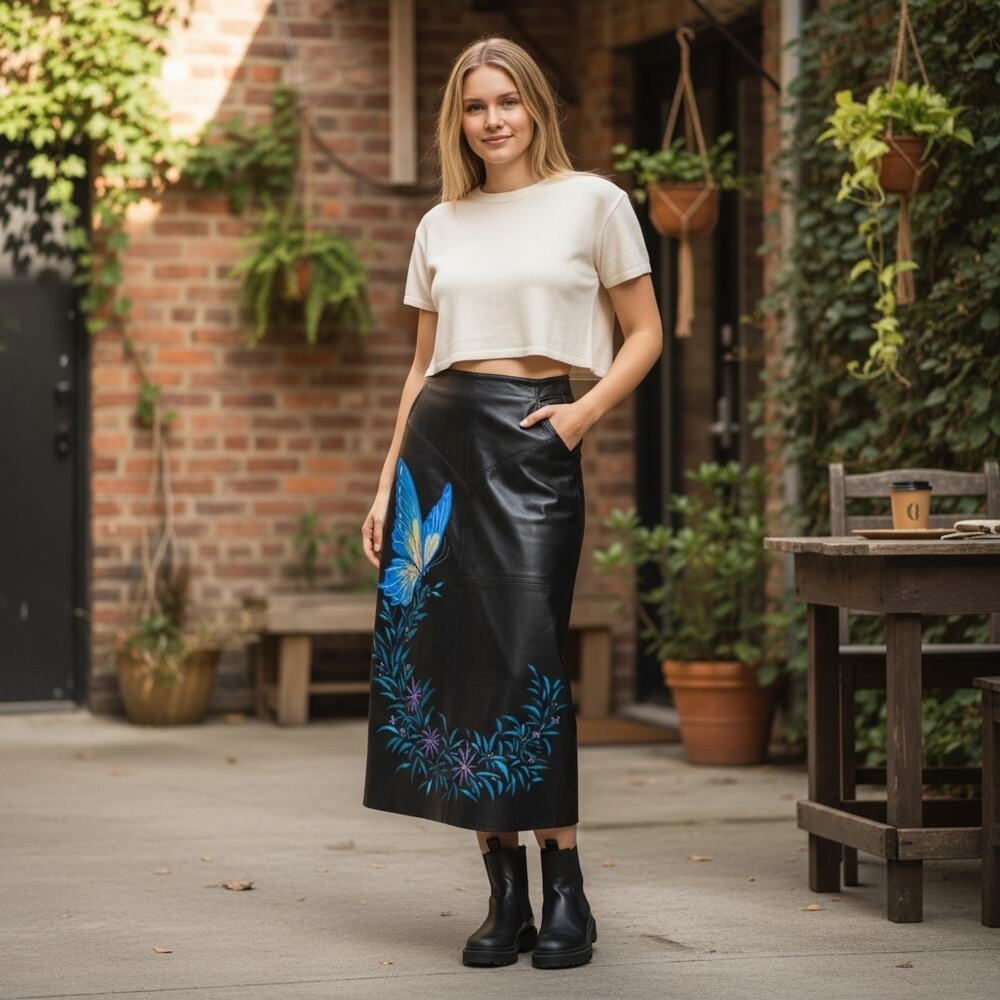 MAGLIA 100% Leather Vintage Skirt Sz 10 Hand Painted by a Local Artist in Miami